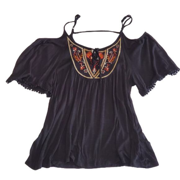 Maurices Black Floral Embroidered Cold Shoulder Spaghetti Strap Top Small - Picture 2 of 7